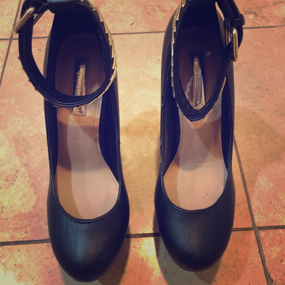Size 6 black pumps w/ gold detail on ankle strap